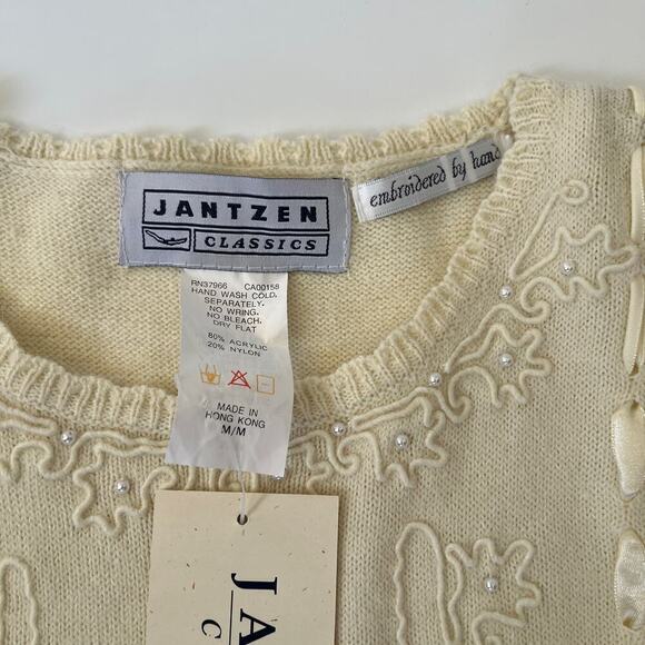 VTG Jantzen Sweater Womens Cream Grandma 80's Hand Embroidered Pearl Deadstock - Picture 3 of 6